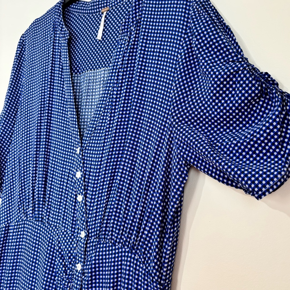Free People boho rippa ruffle sleeve button up V-nek blue white gingham dress XL - Picture 6 of 16